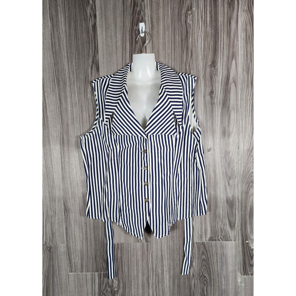 Camille Claudell Womens Navy Blue White Striped Sleeveless Button Up Vest Large